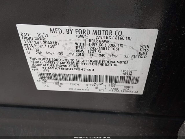 Продаж на аукціоні авто 2013 Ford Explorer, vin: 1FM5K7B88DGB47493, номер лоту: 45635710