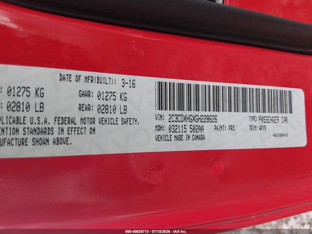 Продаж на аукціоні авто 2016 Dodge Charger Sxt, vin: 2C3CDXHGXGH228626, номер лоту: 45635713