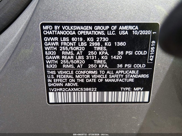 45635732 :رقم المزاد ، 1V2HR2CAXMC538622 vin ، 2021 Volkswagen Atlas 3.6l V6 Se W/technology مزاد بيع