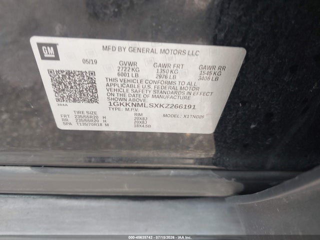 45635742 :رقم المزاد ، 1GKKNMLSXKZ266191 vin ، 2019 Gmc Acadia Slt-1 مزاد بيع