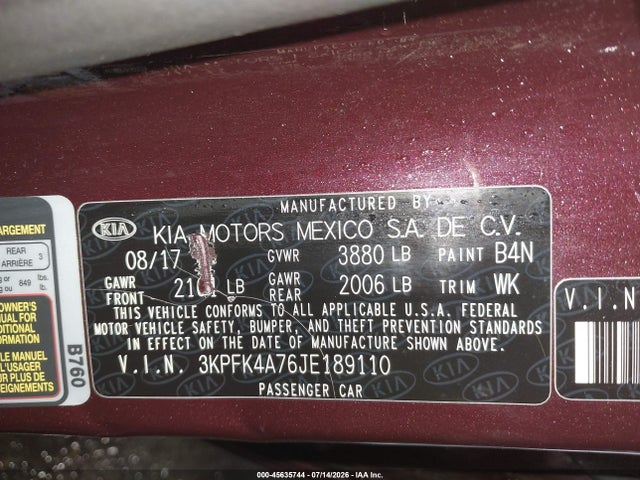 3KPFK4A76JE189110 KIA FORTE LX