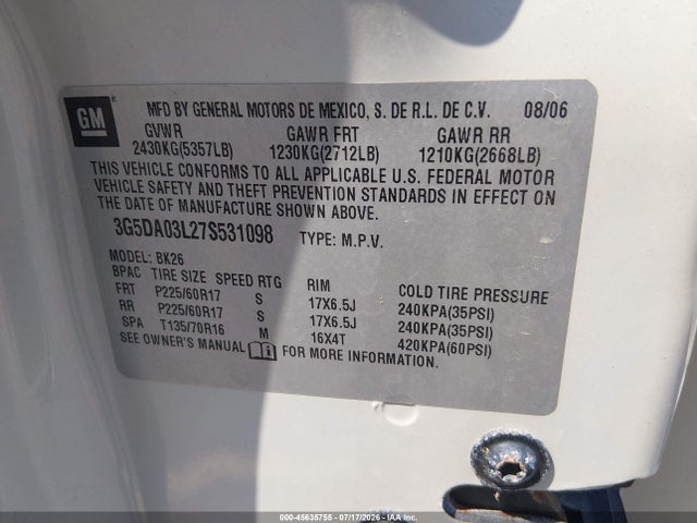 Продаж на аукціоні авто 2007 Buick Rendezvous Cxl, vin: 3G5DA03L27S531098, номер лоту: 45635755
