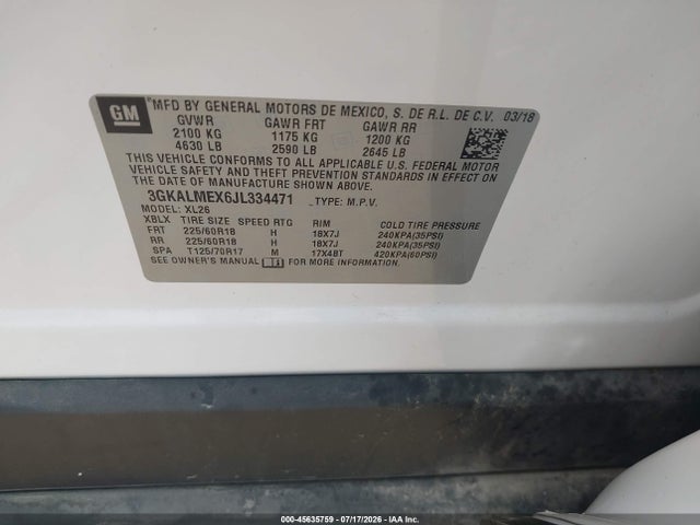 Продаж на аукціоні авто 2018 Gmc Terrain Sle, vin: 3GKALMEX6JL334471, номер лоту: 45635759