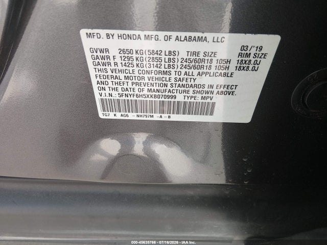 5FNYF6H5XKB070999 Honda Pilot Ex-l