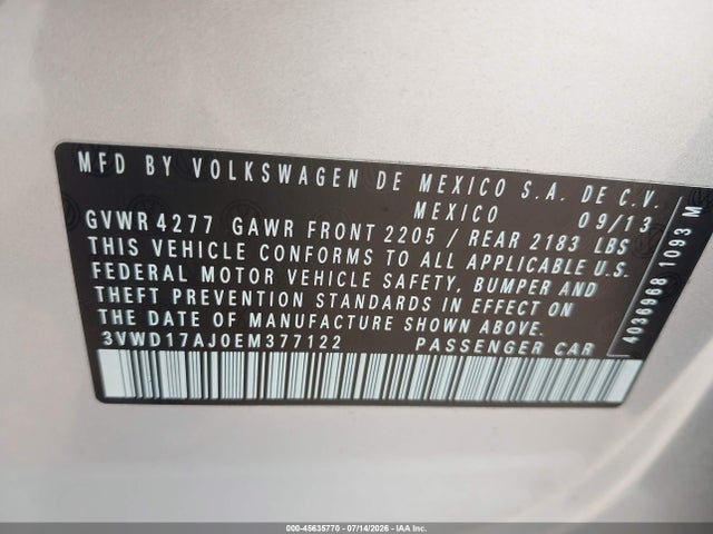 2014 Volkswagen Jetta 1.8t Se მანქანა იყიდება აუქციონზე, vin: 3VWD17AJ0EM377122, აუქციონის ნომერი: 45635770