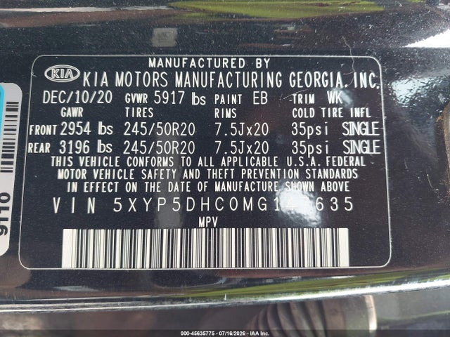 2021 Kia Telluride Sx მანქანა იყიდება აუქციონზე, vin: 5XYP5DHC0MG147635, აუქციონის ნომერი: 45635775