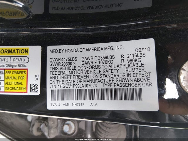 2018 Honda Accord Touring მანქანა იყიდება აუქციონზე, vin: 1HGCV1F99JA107023, აუქციონის ნომერი: 45635776