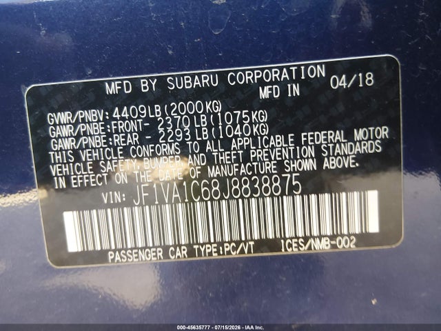 Продаж на аукціоні авто 2018 Subaru Wrx Premium, vin: JF1VA1C68J8838875, номер лоту: 45635777