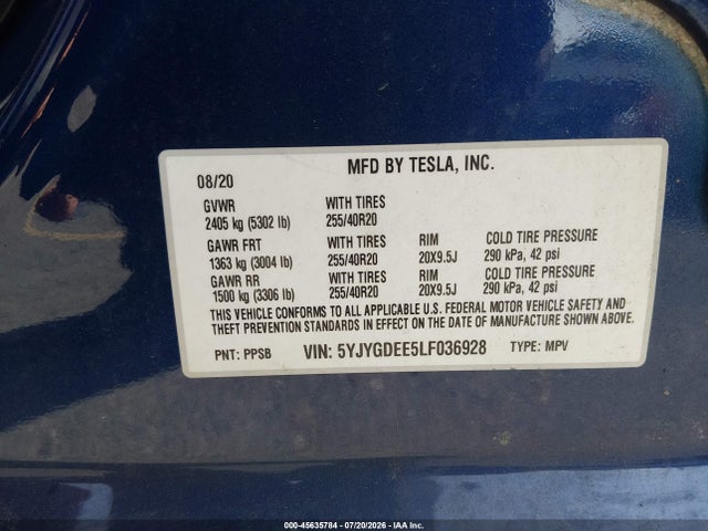 Aukcja sprzedaży 2020 Tesla Model Y Long Range Dual Motor All-wheel Drive, vin: 5YJYGDEE5LF036928, numer aukcji: 45635784