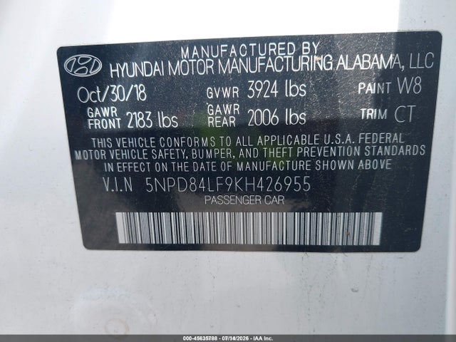 Продажа на аукционе авто 2019 Hyundai Elantra Sel, vin: 5NPD84LF9KH426955, номер лота: 45635788