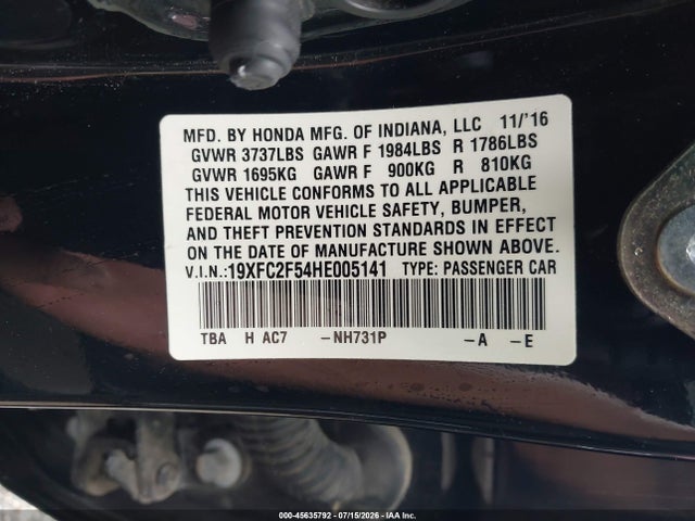 2017 Honda Civic Lx მანქანა იყიდება აუქციონზე, vin: 19XFC2F54HE005141, აუქციონის ნომერი: 45635792