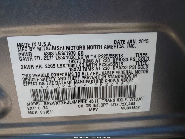 Продажа на аукционе авто 2015 Mitsubishi Outlander Sport Se, vin: 4A4AR4AU4FE022882, номер лота: 45635795