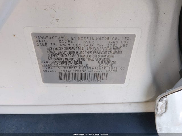 Продаж на аукціоні авто 2021 Nissan Kicks S Xtronic Cvt, vin: 3N1CP5BV8ML475325, номер лоту: 45635814