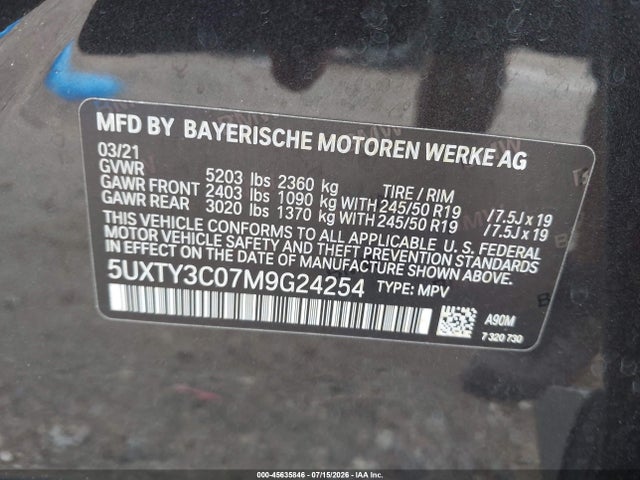 2021 Bmw X3 Sdrive30i მანქანა იყიდება აუქციონზე, vin: 5UXTY3C07M9G24254, აუქციონის ნომერი: 45635846