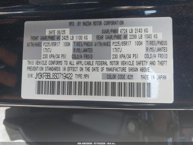Aukcja sprzedaży 2025 Mazda Cx-5 2.5 S Select, vin: JM3KFBBL8S0719422, numer aukcji: 45635859