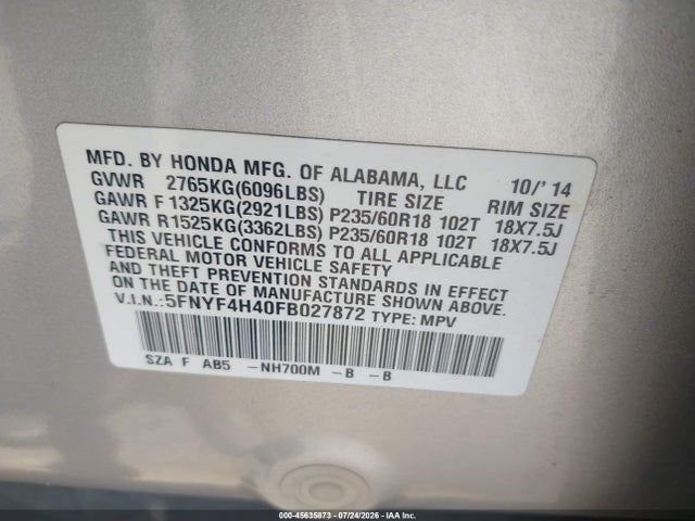 45635873 :رقم المزاد ، 5FNYF4H40FB027872 vin ، 2015 Honda Pilot Ex مزاد بيع