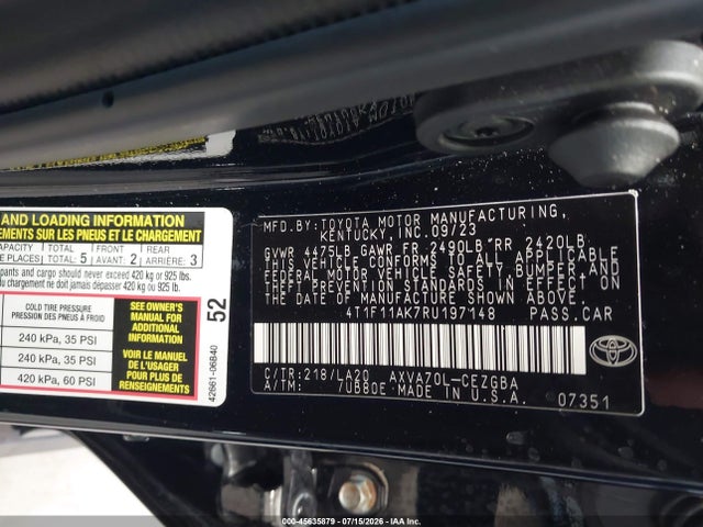 Продаж на аукціоні авто 2024 Toyota Camry Xle, vin: 4T1F11AK7RU197148, номер лоту: 45635879