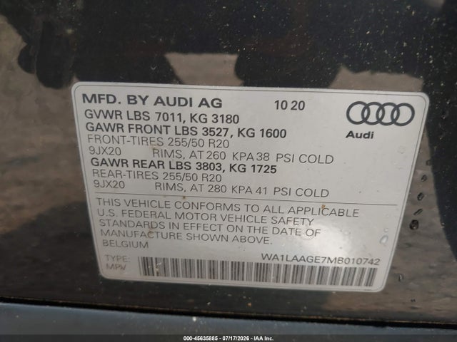 2021 Audi E-tron Premium Plus Quattro მანქანა იყიდება აუქციონზე, vin: WA1LAAGE7MB010742, აუქციონის ნომერი: 45635885