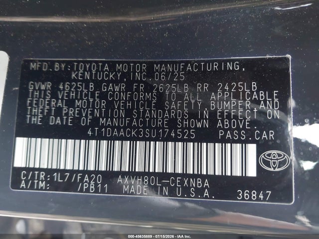2025 Toyota Camry Le მანქანა იყიდება აუქციონზე, vin: 4T1DAACK3SU174525, აუქციონის ნომერი: 45635889