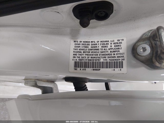 Продаж на аукціоні авто 2019 Honda Civic Ex, vin: 19XFC1F35KE018707, номер лоту: 45635890