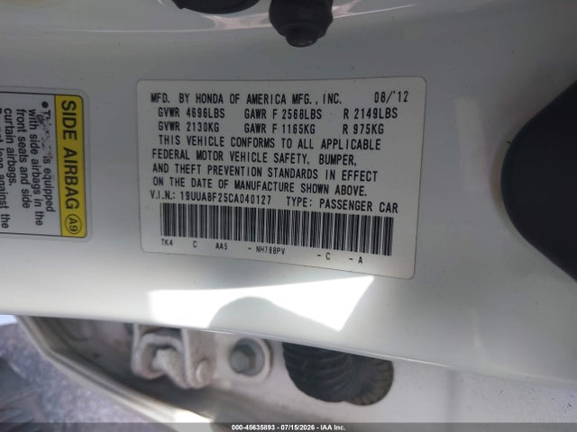 45635893 :رقم المزاد ، 19UUA8F25CA040127 vin ، 2012 Acura Tl 3.5 مزاد بيع