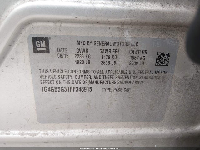 2015 Buick Lacrosse Leather მანქანა იყიდება აუქციონზე, vin: 1G4GB5G31FF348915, აუქციონის ნომერი: 45635913