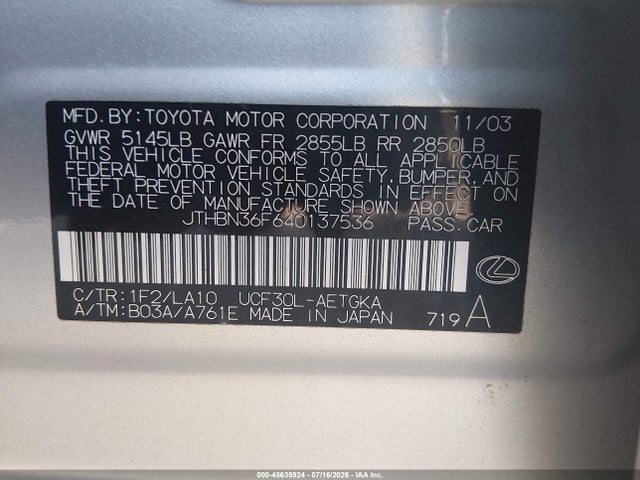 Продажа на аукционе авто 2004 Lexus Ls 430, vin: JTHBN36F640137536, номер лота: 45635924