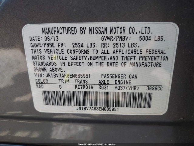 45635929 :رقم المزاد ، JN1BV7AR8EM685951 vin ، 2014 Infiniti Q50 Sport مزاد بيع