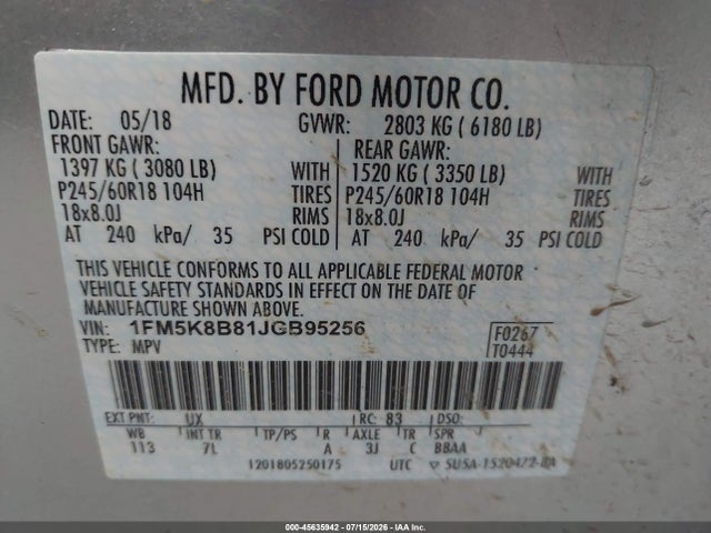 1FM5K8B81JGB95256 Ford Explorer