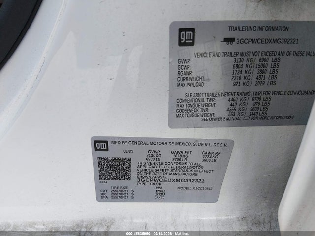 Aukcja sprzedaży 2021 Chevrolet Silverado 1500 2wd  Short Bed Lt, vin: 3GCPWCEDXMG392321, numer aukcji: 45635960