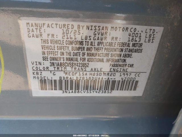 Aukcja sprzedaży 2025 Nissan Sentra Sv, vin: 3N1AB8CV5SY423852, numer aukcji: 45635962