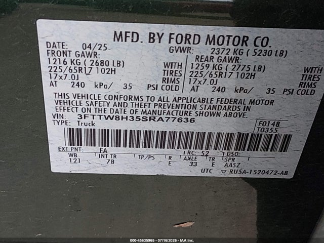 2025 Ford Maverick Xlt მანქანა იყიდება აუქციონზე, vin: 3FTTW8H35SRA77636, აუქციონის ნომერი: 45635965