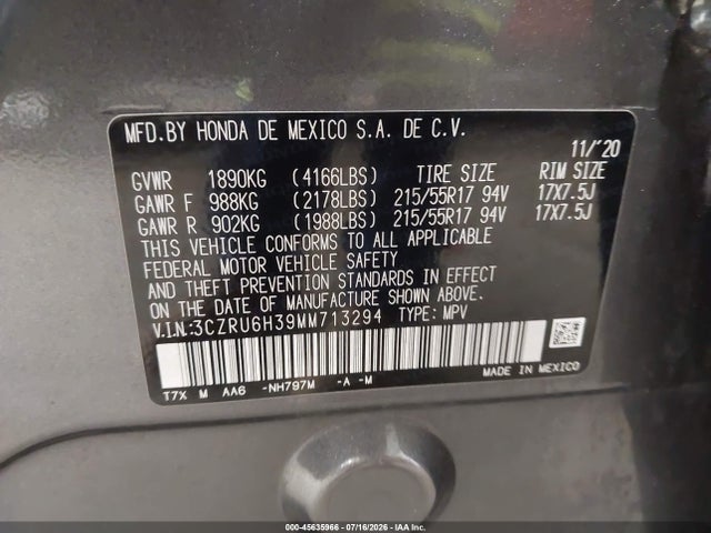 Aukcja sprzedaży 2021 Honda Hr-v Awd Lx, vin: 3CZRU6H39MM713294, numer aukcji: 45635966