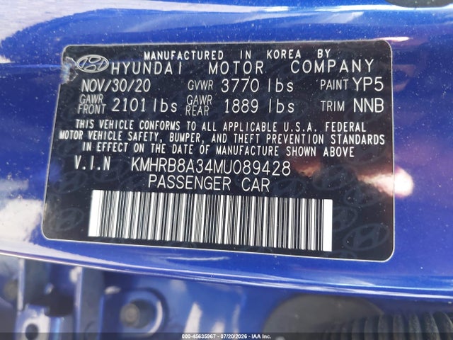 Aukcja sprzedaży 2021 Hyundai Venue Se, vin: KMHRB8A34MU089428, numer aukcji: 45635967
