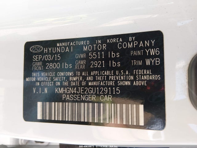 45635973 :رقم المزاد ، KMHGN4JE2GU129115 vin ، 2016 Hyundai Genesis 3.8 مزاد بيع