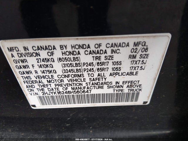 2006 Honda Ridgeline Rt მანქანა იყიდება აუქციონზე, vin: 2HJYK16246H560647, აუქციონის ნომერი: 45635977