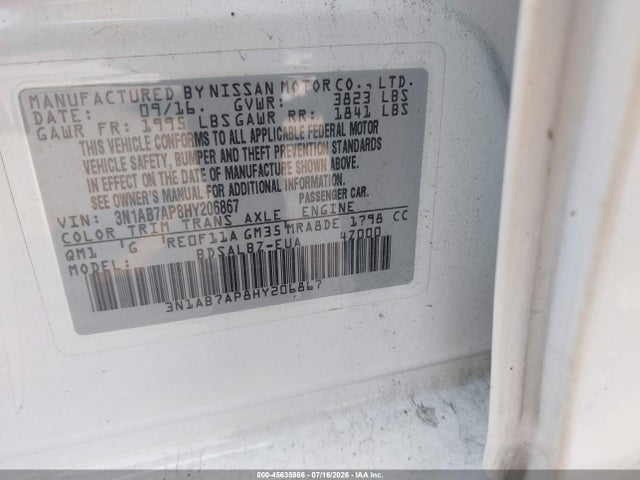 Продаж на аукціоні авто 2017 Nissan Sentra S, vin: 3N1AB7AP8HY206867, номер лоту: 45635986