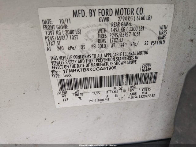 Продажа на аукционе авто 2012 Ford Explorer, vin: 1FMHK7B8XCGA51909, номер лота: 45635990