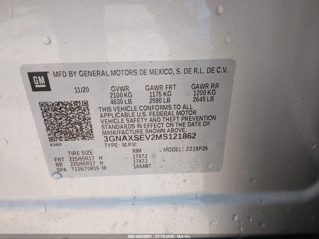 2021 Chevrolet Equinox Awd Ls მანქანა იყიდება აუქციონზე, vin: 3GNAXSEV2MS121862, აუქციონის ნომერი: 45635991