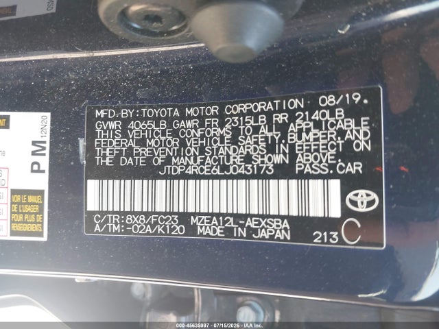JTDP4RCE6LJ043173 Toyota COROLLA SE
