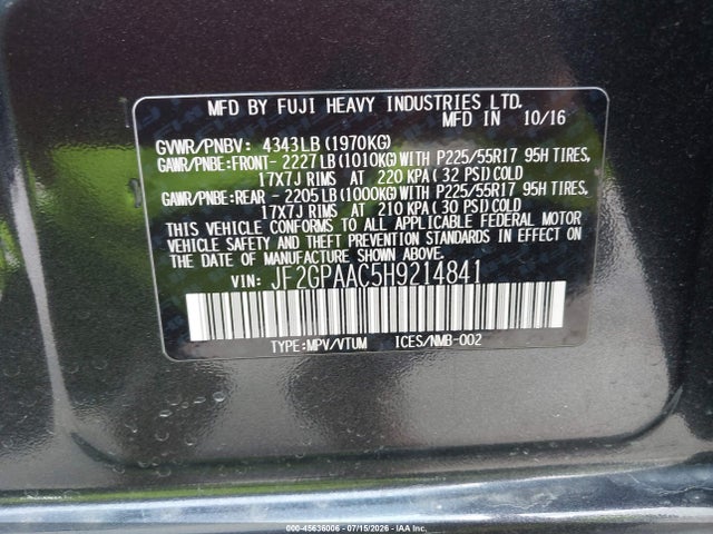 45636006 :رقم المزاد ، JF2GPAAC5H9214841 vin ، 2017 Subaru Crosstrek 2.0i مزاد بيع