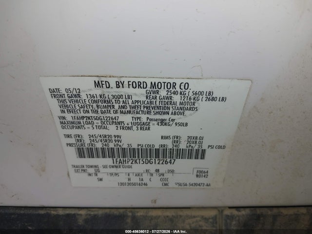 2013 Ford Taurus Sho მანქანა იყიდება აუქციონზე, vin: 1FAHP2KT5DG122647, აუქციონის ნომერი: 45636012