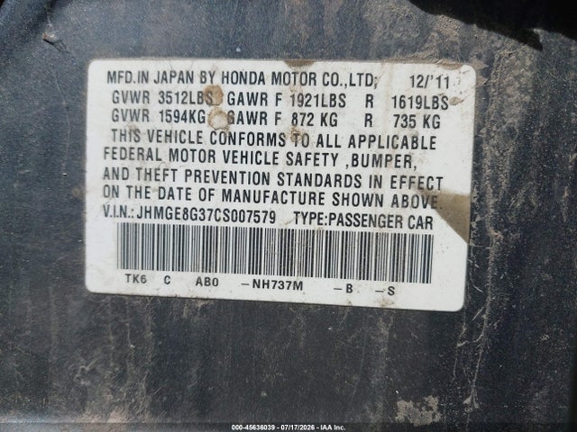 Продаж на аукціоні авто 2012 Honda Fit, vin: JHMGE8G37CS007579, номер лоту: 45636039