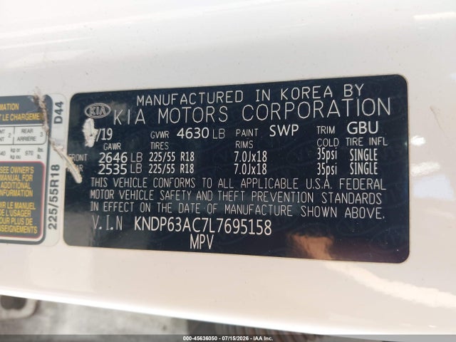2020 Kia Sportage S მანქანა იყიდება აუქციონზე, vin: KNDP63AC7L7695158, აუქციონის ნომერი: 45636050