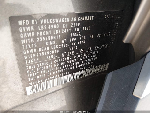 Aukcja sprzedaży 2016 Volkswagen Tiguan Se, vin: WVGBV7AX9GW521221, numer aukcji: 45636055