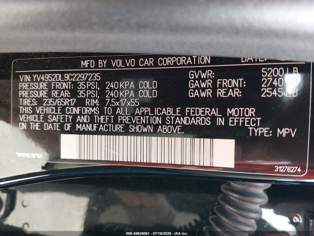 Aukcja sprzedaży 2012 Volvo Xc60 3.2/3.2 Platinum/3.2 Premier/3.2 Premier Plus, vin: YV4952DL9C2297235, numer aukcji: 45636061