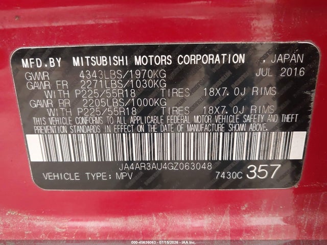 Продажа на аукционе авто 2016 Mitsubishi Outlander Sport 2.0 Es, vin: JA4AR3AU4GZ063048, номер лота: 45636063
