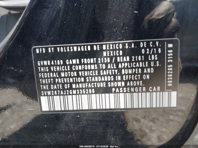 45636079 :رقم المزاد ، 3VW267AJ2GM335286 vin ، 2016 Volkswagen Jetta 1.4t S مزاد بيع