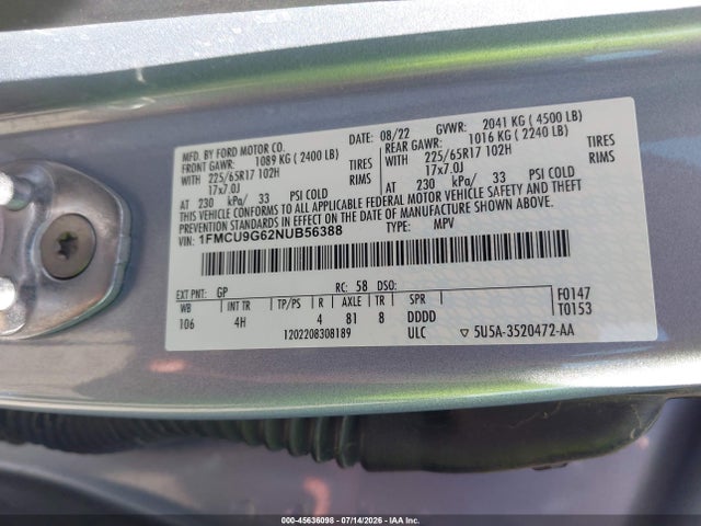 Aukcja sprzedaży 2022 Ford Escape Se, vin: 1FMCU9G62NUB56388, numer aukcji: 45636098