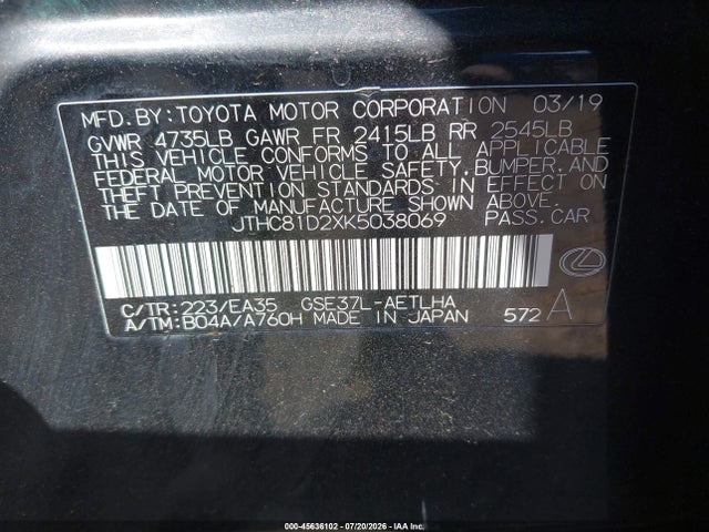 Продажа на аукционе авто 2019 Lexus Is 300, vin: JTHC81D2XK5038069, номер лота: 45636102